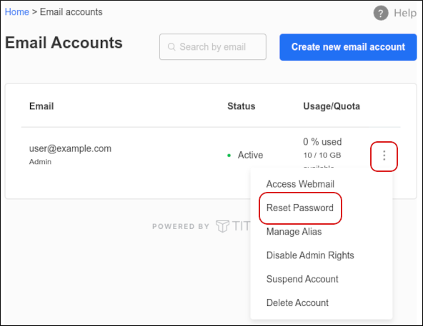 Customer Portal - Email Accounts - Reset Password menu option